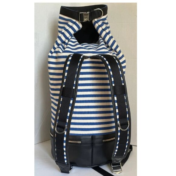 Want Les Essentiels Backpack Roll Top Duffel XL Blue Canvas Leather Stripe - Picture 3 of 11